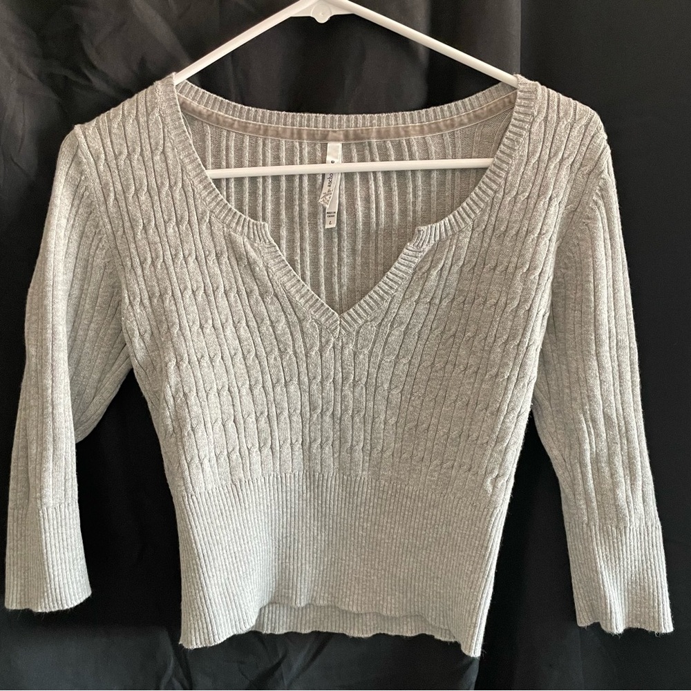 anchor blue Light Gray Cable Knit V-Neck Sweater